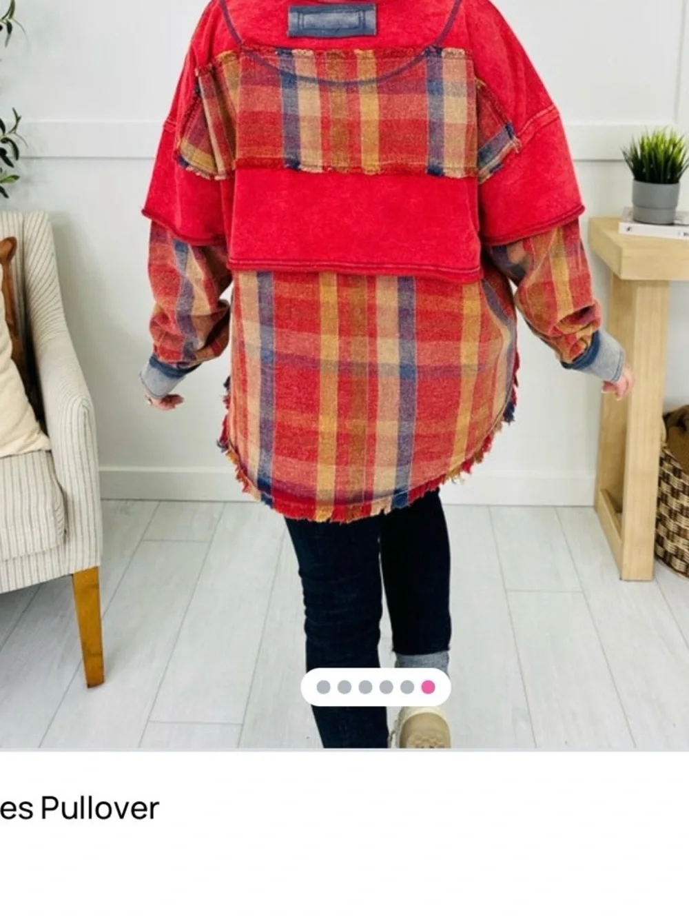 Oli & Hali Red Plaid Layered Pullover with Denim Trim - Picture 5 of 6